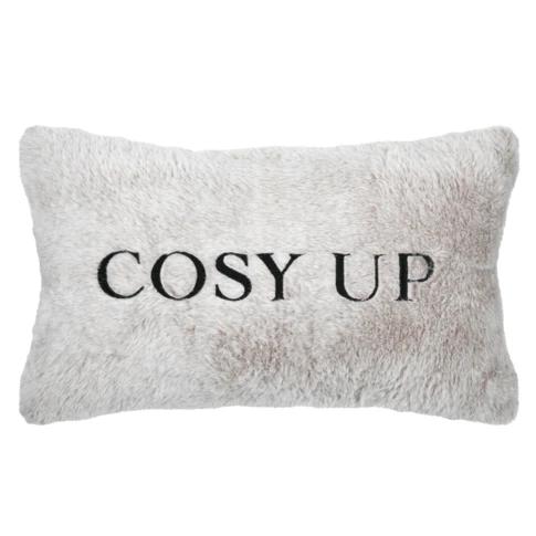 Coussin décoratif toucher fourrure avec message brodé "Cosy up"
