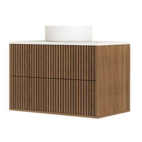 Meuble de salle de bain suspendu avec façade crantée, plan de toilette et vasque(s) à poser 60 x 45 x 64 cm Naturel