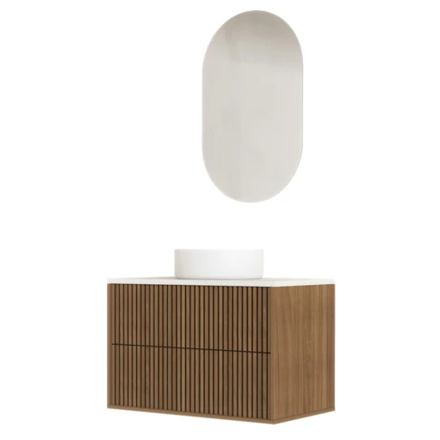 Meuble de salle de bain suspendu avec façade crantée, vasque(s) ronde(s) et miroir(s) ovales 80 x 45 x 144 cm Naturel