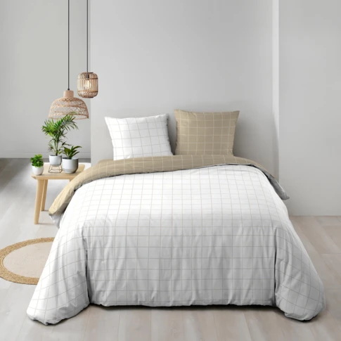 Parure de lit réversible en coton motif carreaux 240 x 220 CM NATUREL