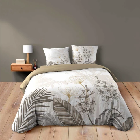 Parure de lit 3 pièces coton motif feuillage floral housse + 2 taies 240 x 220 cm BLANC