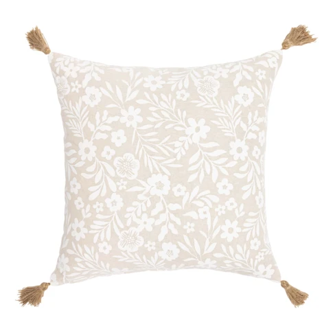 Coussin polycoton imprimé floral à pompons 45 x 45 cm NATUREL