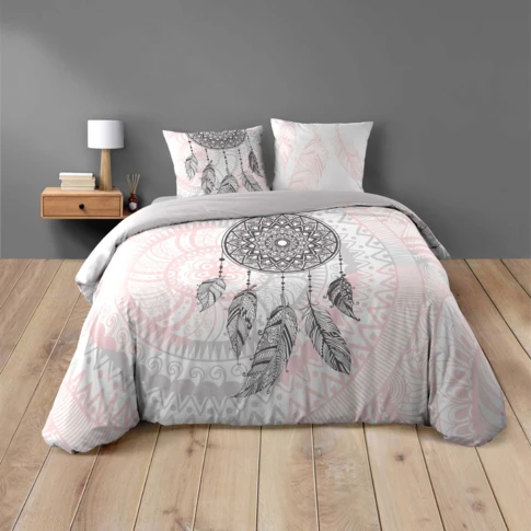 Parure de lit 3 pièces coton motif attrape-rêves housse + taies 240 x 220 cm ROSE