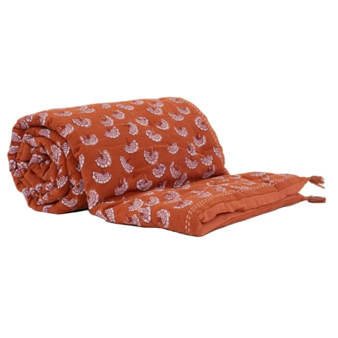 Édredon imprimé 100% coton avec pompon 80 x 200 cm Brique
