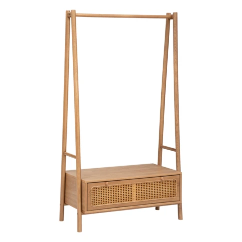 Meuble d’entrée en bois avec tringle et tiroir cannage 90 x 45 x 160 cm Naturel