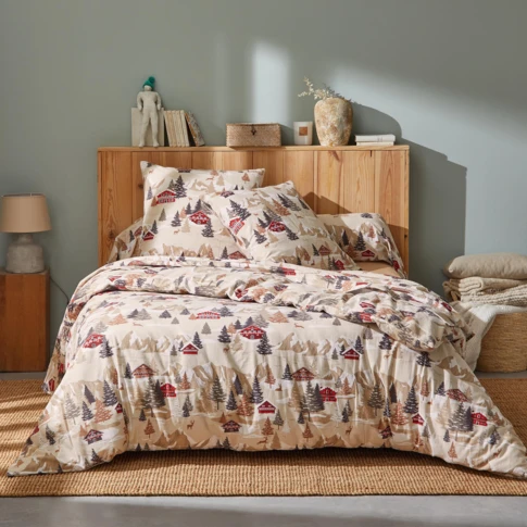 Parure de lit 3 pièces en flanelle de coton à motif montagne avec taies d’oreiller 200 x 200 cm Beige