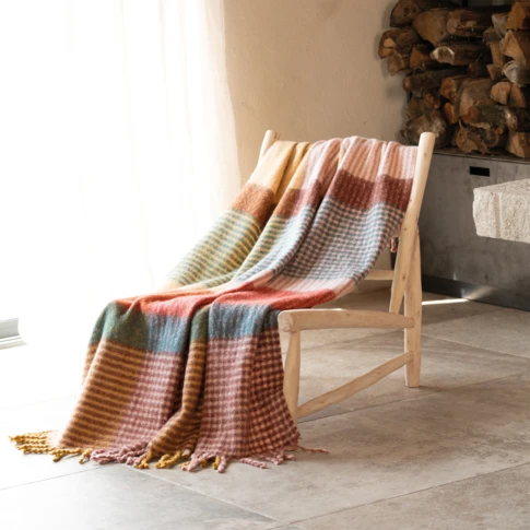 Plaid à carreaux aspect mohair doux 130 x 180 cm Marron Clair