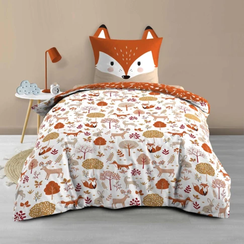 Parure de lit enfant réversible en coton motif renard et nature 140 x 200 CM ORANGE