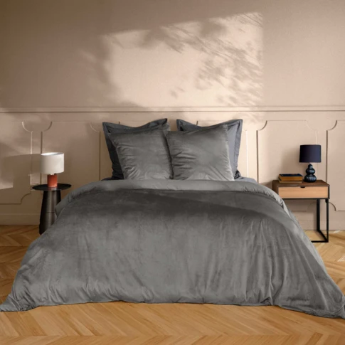 Parure de lit en velours uni 240 x 220 CM Gris anthracite