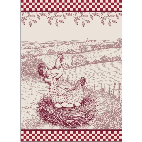 Torchon en coton poule campagne 50 x 70 cm Rouge
