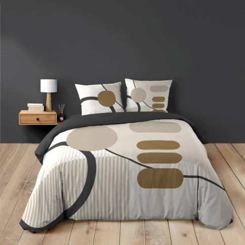 Parure de lit coton motif géométrique double face imprimée 240 x 220 CM NATUREL