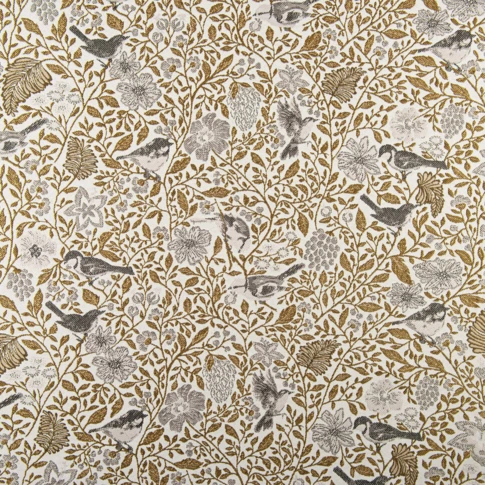 Tissu jacquard aux motifs floraux et oiseaux, au charme bucolique et au tombé souple. 145 cm Jaune Ocre
