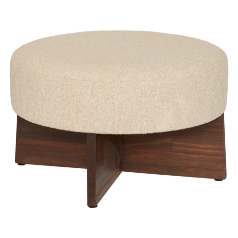 Pouf rond en tissu bouclette avec base bois 50 x 50 x 30 cm Ecru