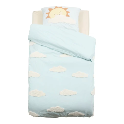 Parure de lit enfant 2 pièces coton tufté nuages housse + taie 140 x 200 cm Bleu