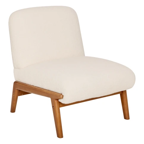Fauteuil bas en tissu bouclette avec piètement bois 61 x 76 x 76 cm Ecru