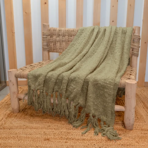 Plaid bouclette doux avec franges 130 x 180 cm VERT