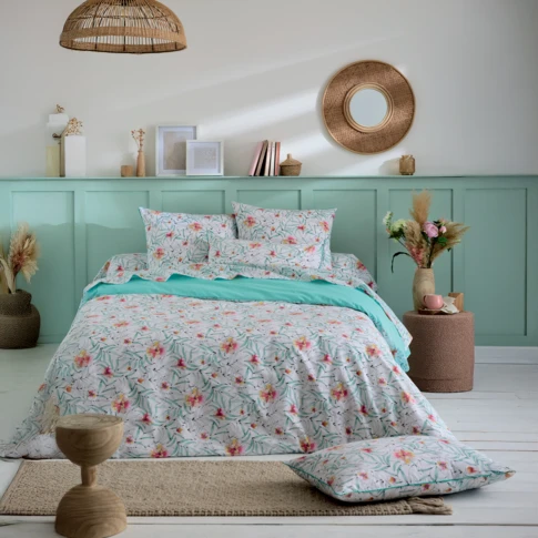 Parure de lit en coton motif floral exotique avec deux taies d’oreiller 200 x 200 cm Bleu