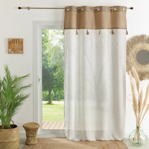 Voilage avec parement en jute et pompons