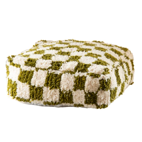 Housse de pouf damier en laine 56 x 56 cm Vert