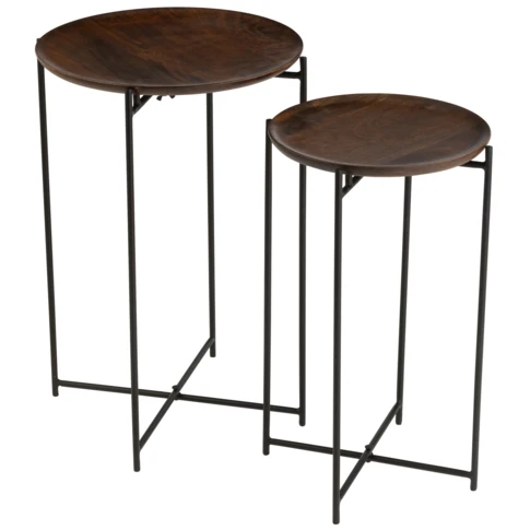 Set de 2 tables gigognes en bois de manguier et métal  39 x 39 x 56 cm Marron Foncé
