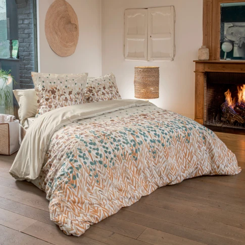 Parure de lit en coton à motif floral stylisé avec taie d’oreiller 140 x 200 cm BEIGE