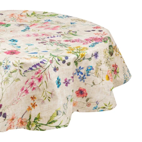 Nappe ronde en coton enduit anti-tache fleurs 150 cm Naturel