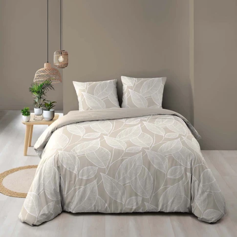 Parure de lit 3 pièces en coton à motif feuilles housse + taies 240 x 220 cm NATUREL