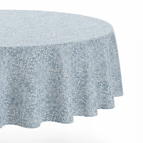 Nappe ronde en polycoton enduit anti-tache graphique 150 cm Bleu