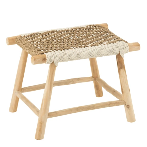 Tabouret en bois de teck et jonc de mer bicolore tressé 38 x 60 x 45 cm Naturel