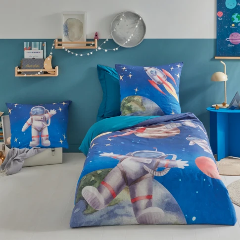 Housse de couette enfant en percale de coton motif astronaute et fusée 140 x 200 cm BLEU