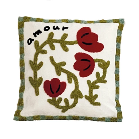Coussin brodé motif coquelicot 40 x 40 cm Rouge