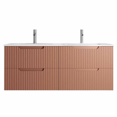 Meuble de salle de bain double vasque encastrée avec façade ondulée et rangements spacieux 122 x 47 x 50 cm Terracotta