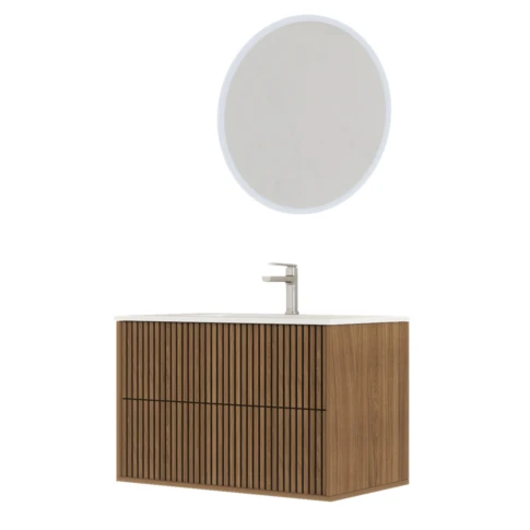 Meuble de salle de bain suspendu avec façade crantée, vasque(s) et miroir(s) LED 62 x 47 x 112 cm Naturel