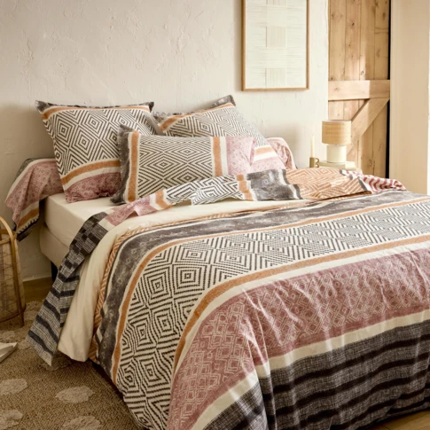 Drap plat coton 57 fils motif géométrique 180 x 290 cm Noir