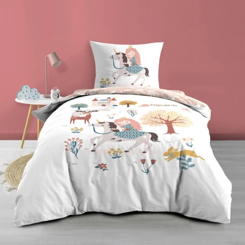 Parure de lit enfant réversible en coton motif princesse et licorne 140 x 200 CM ROSE