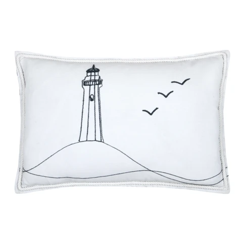 Coussin polycoton décoratif brodé style bord de mer 40 x 60 cm BLANC