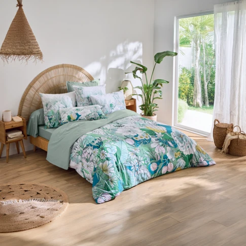 Parure de lit en percale de coton à motif feuillage exotique avec 2 taies 200 x 200 cm Vert