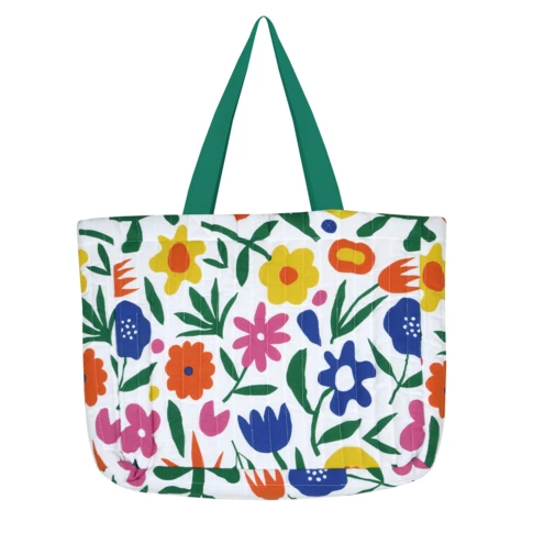 Sac cabas polycoton matelassé motif fleurs 44 x 35 x 10 cm Vert