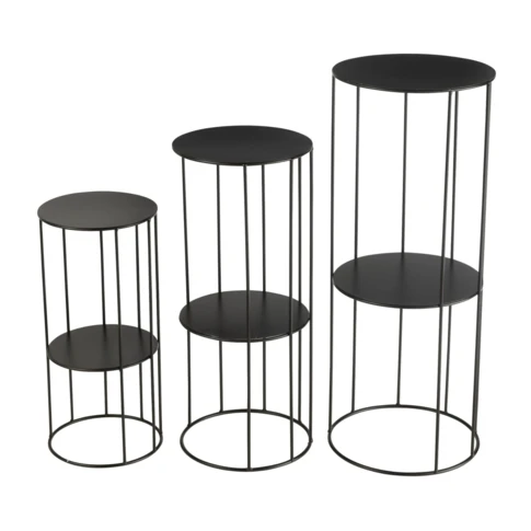 Porte plante en métal lot de 3 petites tables d'appoint à double étagère  28 x 28 x 70 cm Noir Mat