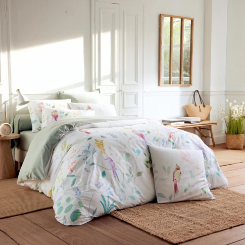 Housse de couette percale de coton 80 fils oiseaux 140 x 200 cm Blanc