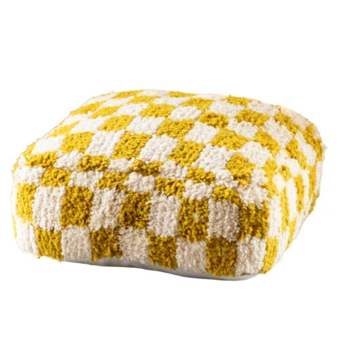 Pouf damier en laine avec garnissage 56 x 56 cm Jaune moutarde