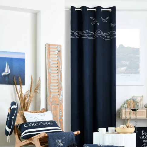Rideau tamisant polycoton à œillets motif bord de mer 140 x 260 cm Bleu Marine