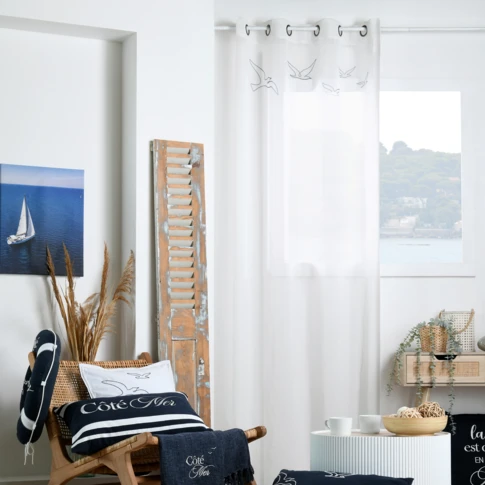 Voilage tamisant à œillets motif oiseaux 135 x 260 cm BLANC