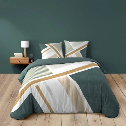Parure de lit coton motif graphique double face imprimée 240 x 220 CM VERT