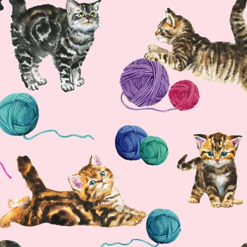 Tissu imprimé chats et pelotes de laine