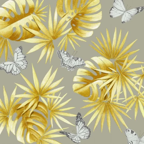 Tissu imprimé mélange de feuillages et papillons