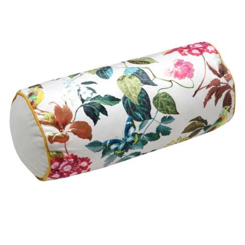 Polochon décoratif motif feuillage et oiseau 20 x 45 cm NATUREL