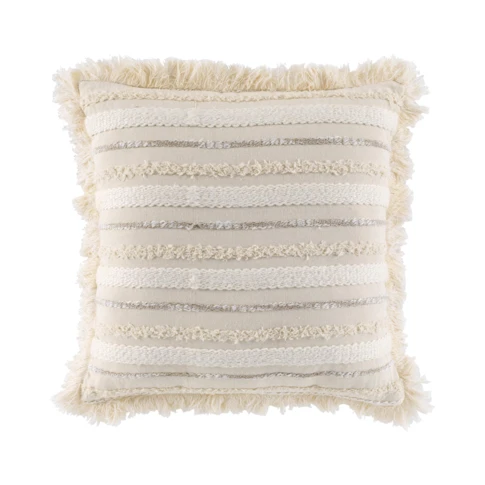 Coussin déhoussable en coton tissé avec franges et rayures en relief 40 x 40 CM NATUREL