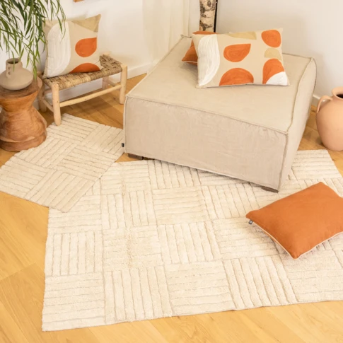 Tapis coton déco motif rayures croisées 170 x 240 cm Ecru