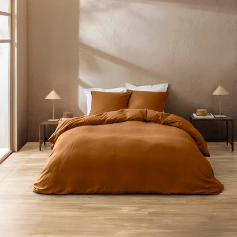 Parure de lit 3 pièces en coton relief uni housse + taies 240 x 220 cm Marron Clair